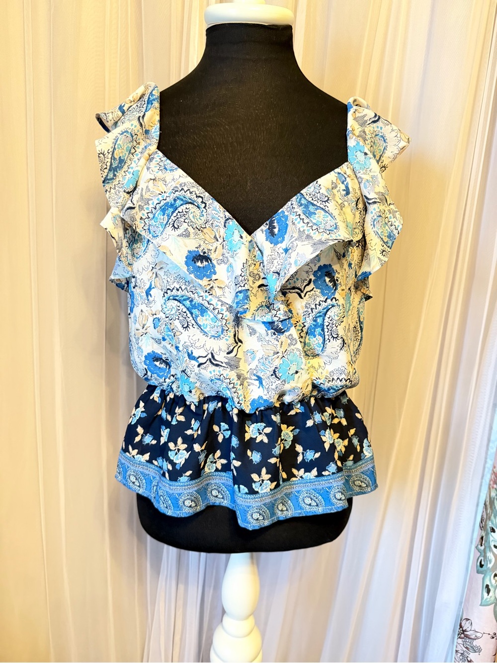 nine britton Blue and White Paisley Ruffle Peplum Camisole